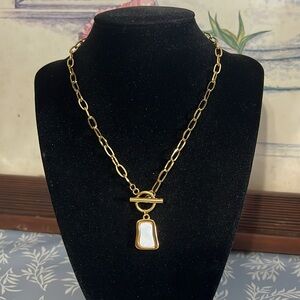 Gold plated stainless steel link toggle necklace with white pendant